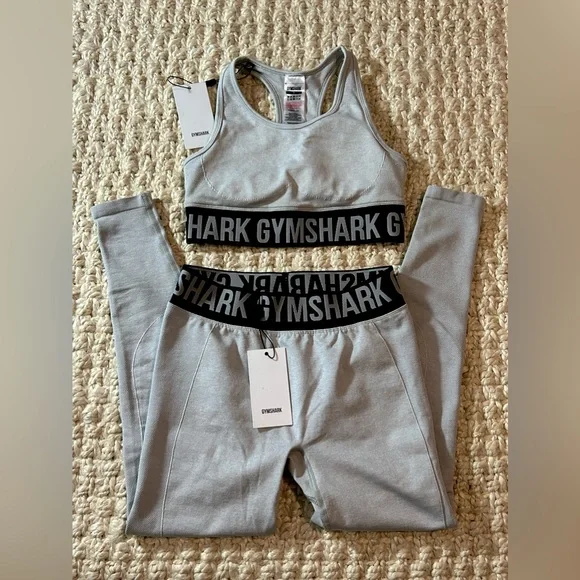 GYMSHARK Sports Bra top flex high rise leggings light grey marl black active set - Picture 2 of 10